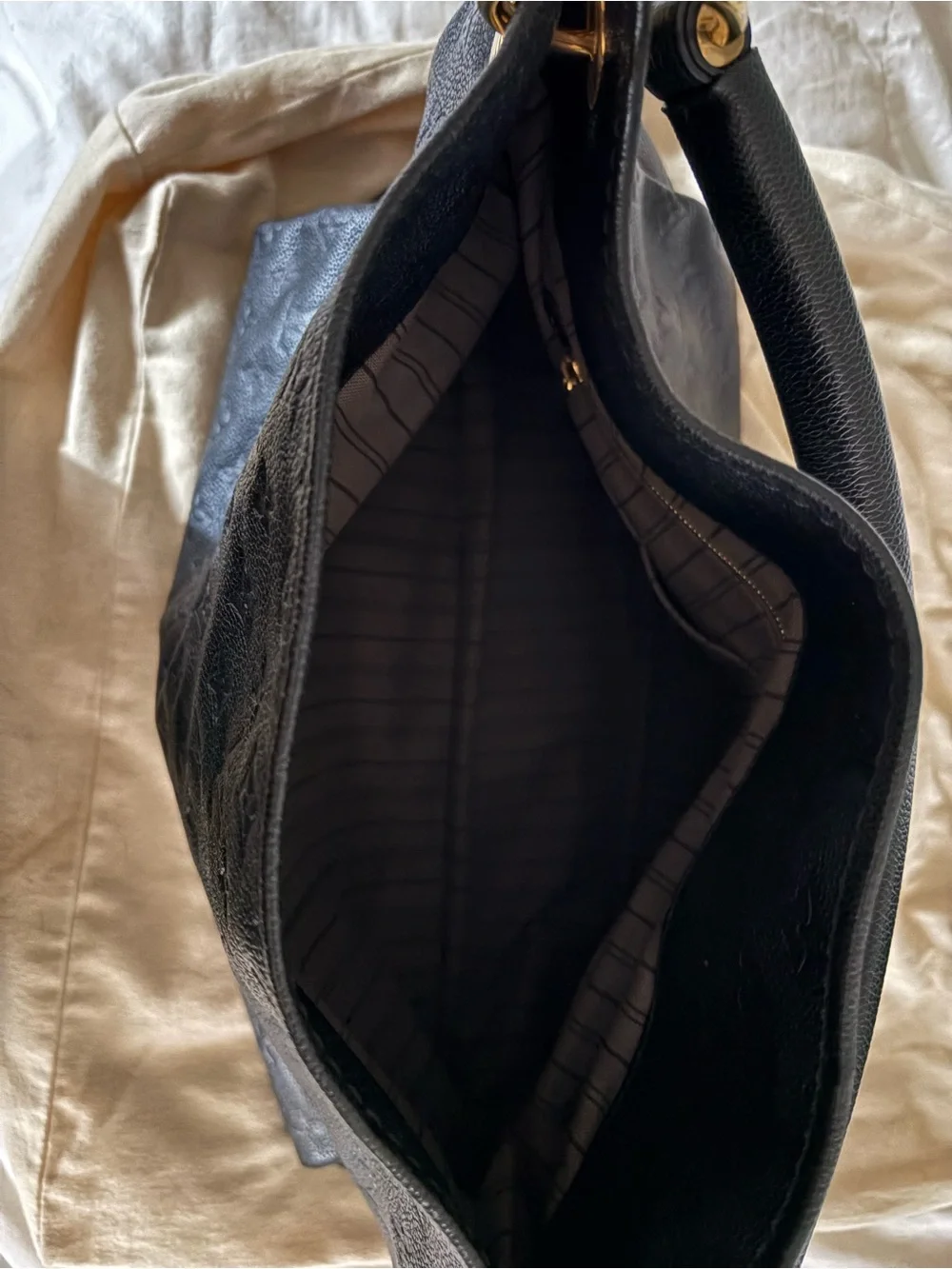 Louis Vuitton Black Monogram-Embossed Leather Shoulder Bag with Gold Hardware